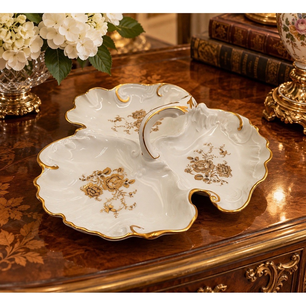 Royal Porcelain Divided Dish Handle 24k Gold Floral Made In France (5/b0)